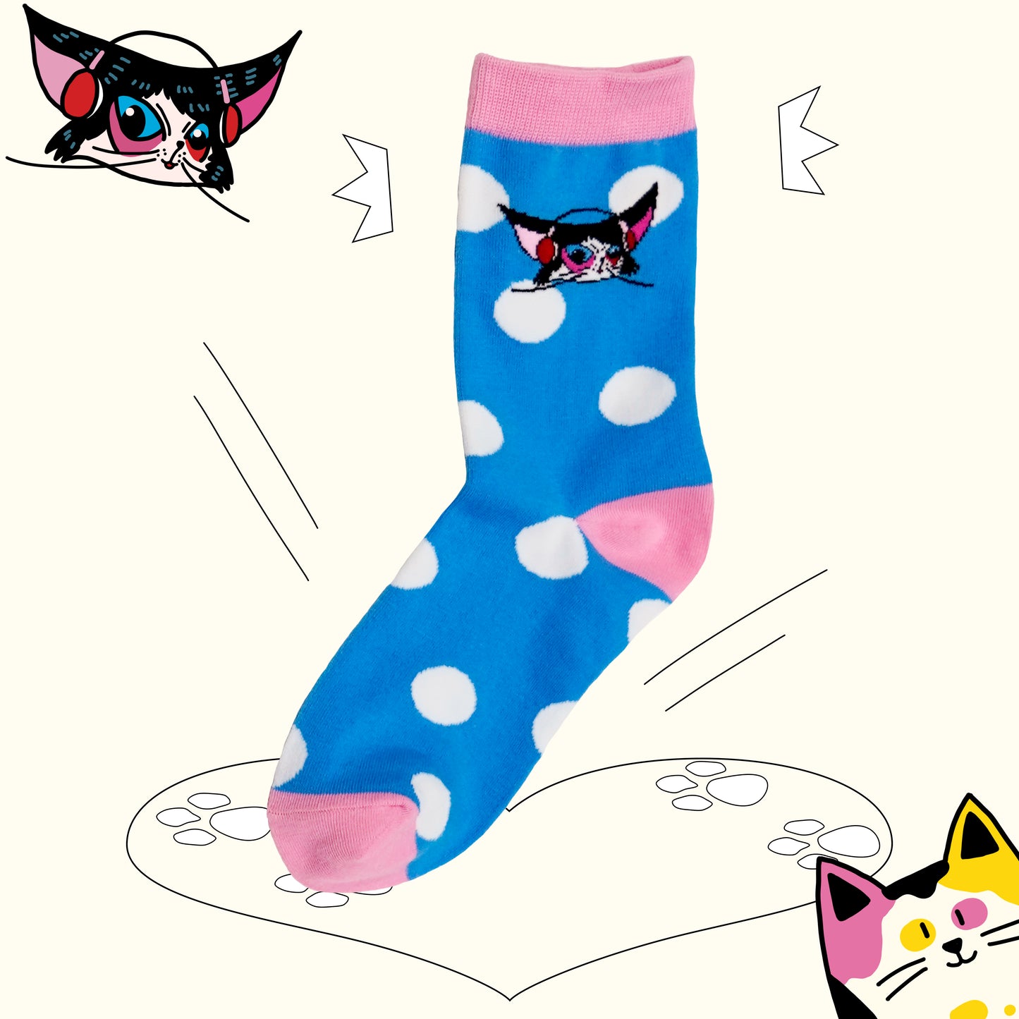 Blue polka dot kitten head socks 1 pairs