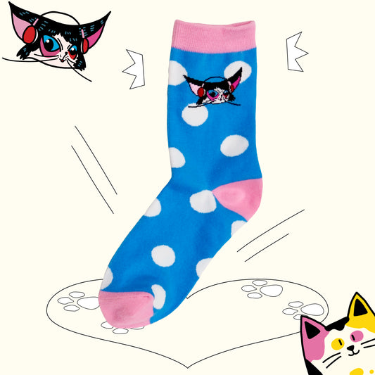 Blue polka dot kitten head socks 1 pairs