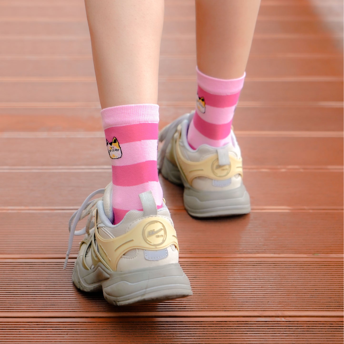 Pink striped kitten head socks 1 pairs