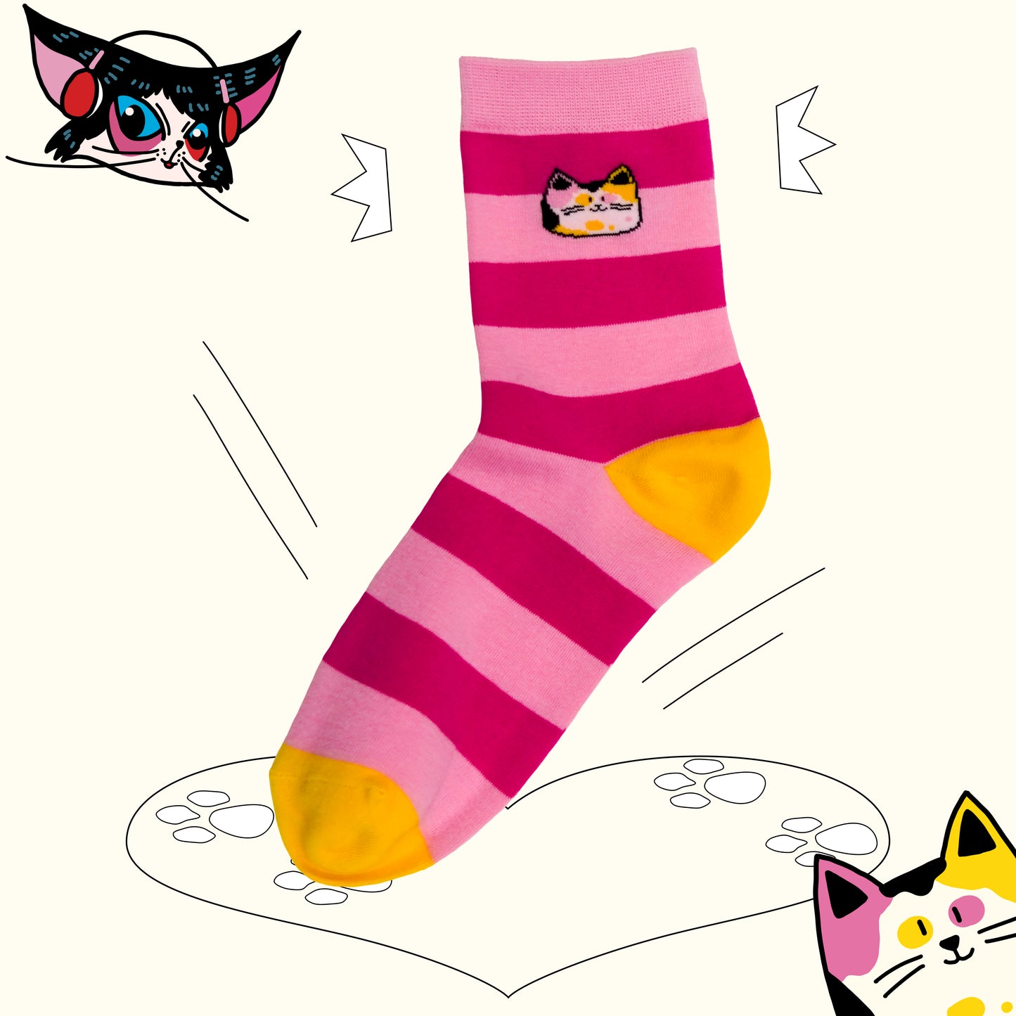 Pink striped kitten head socks 1 pairs