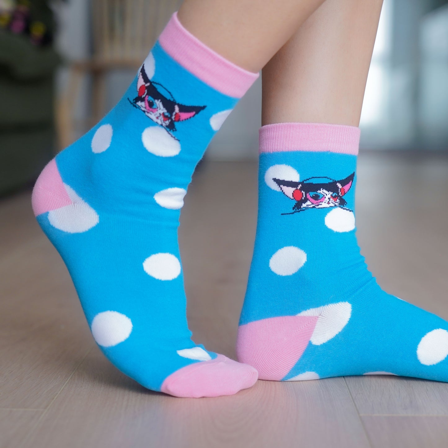 Blue polka dot kitten head socks 1 pairs